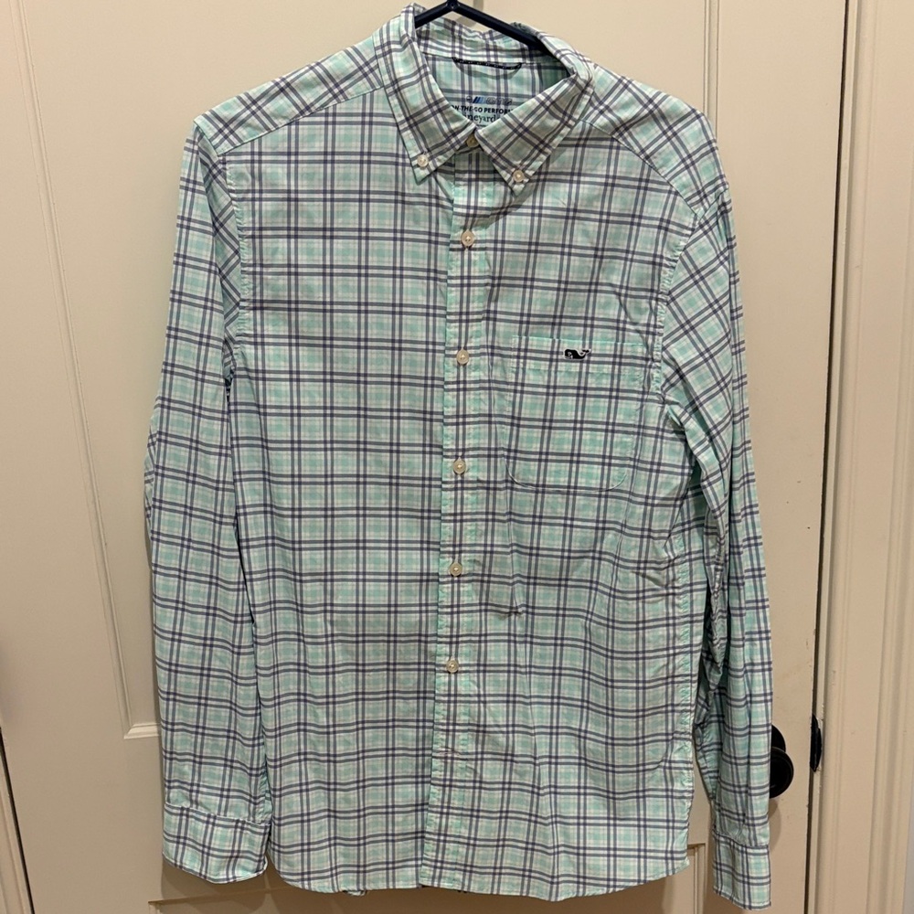 Vineyard Vines Men's Blue and Green Plaid Performance Shirt